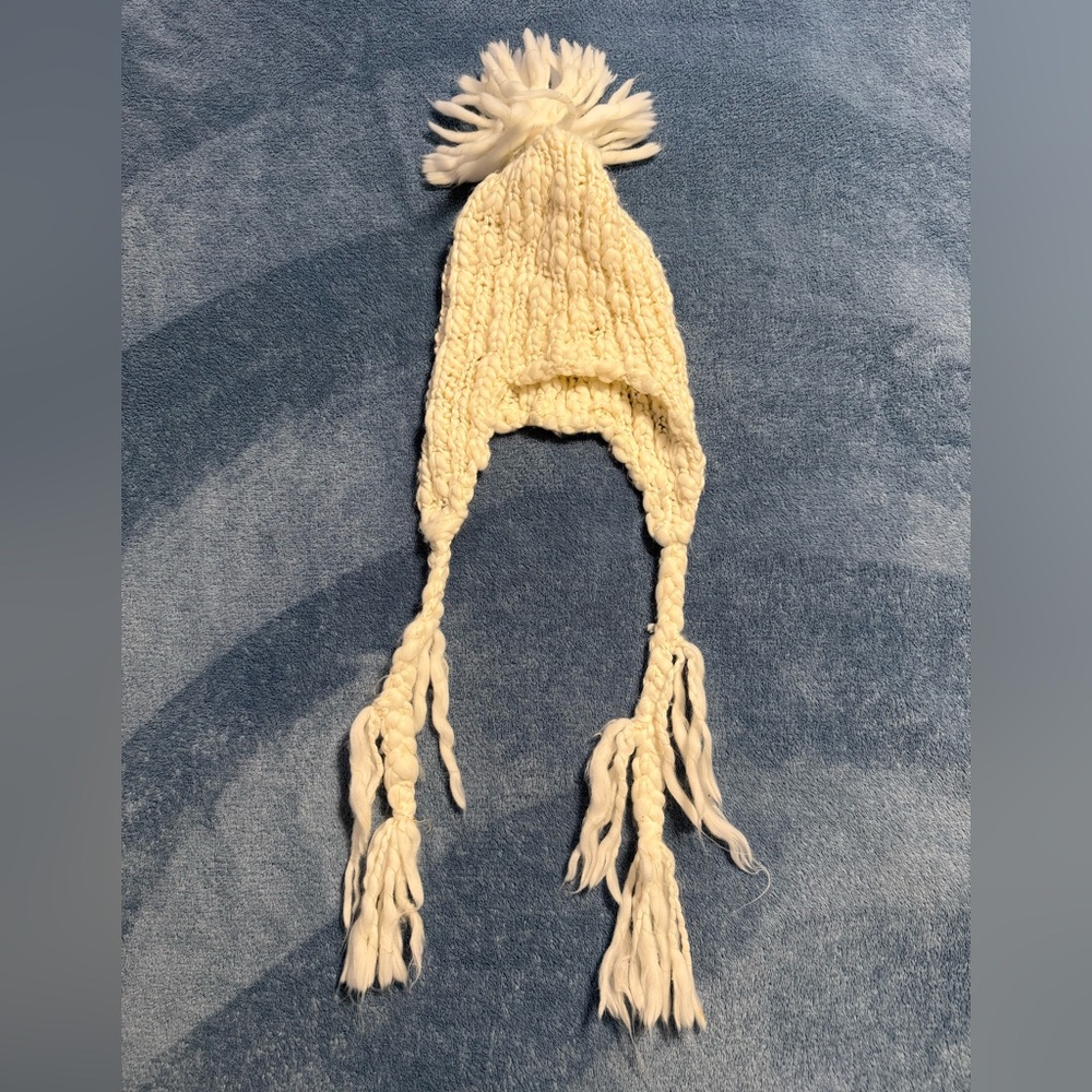 Mudd Cream Knit PomPom Hat with Braided Tassels
